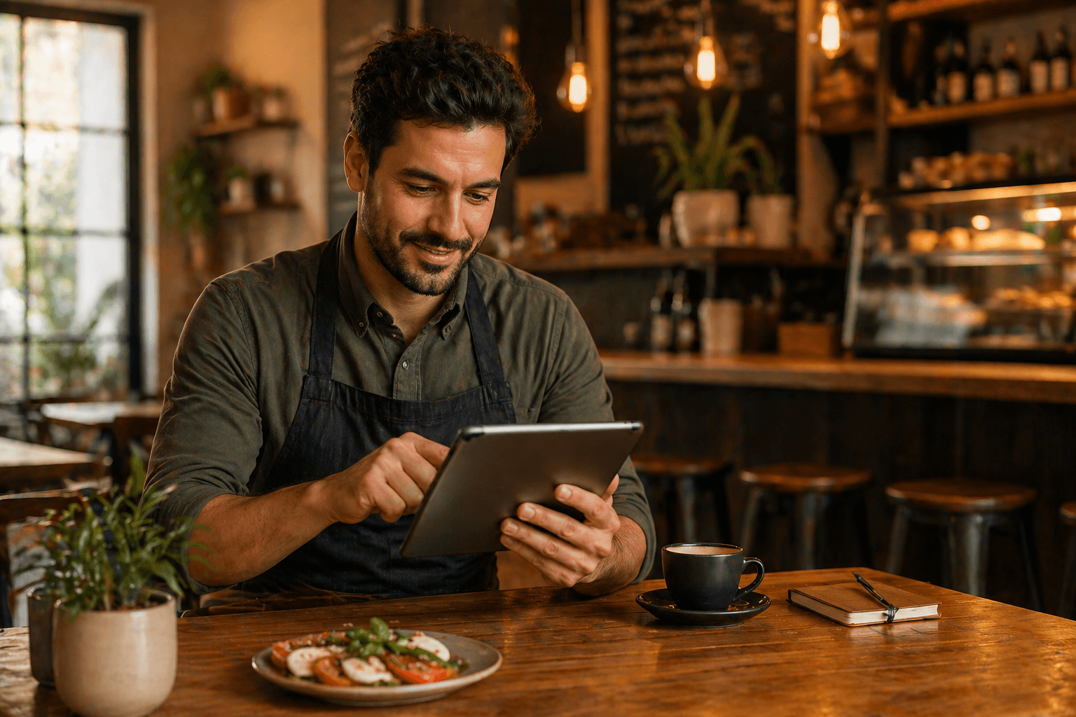 Dono de restaurante utilizando tecnologia